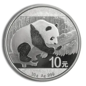 Silver panda coin featuring a detailed illustration of a panda climbing a tree, with a denomination of 10 yuan and a weight of 30 grams of pure silver.