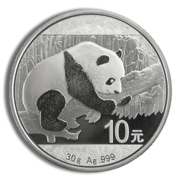 Silver panda coin featuring a detailed illustration of a panda climbing a tree, with a denomination of 10 yuan and a weight of 30 grams of pure silver.