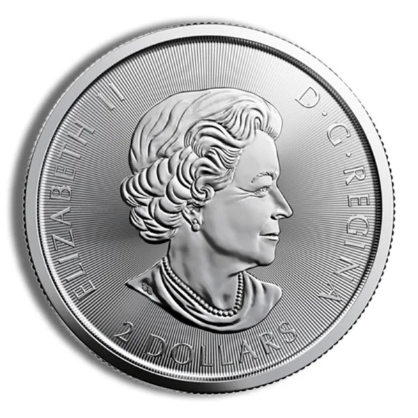 Silver Canadian two-dollar coin featuring the profile of Queen Elizabeth II, with the inscription "ELIZABETH II D.G. REGINA."