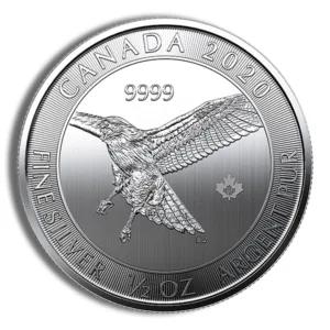 Canadian silver coin from 2020 featuring a kingfisher design, made of 99.99% pure silver and weighing 1 ounce.