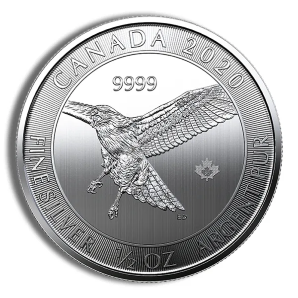 Canadian silver coin from 2020 featuring a kingfisher design, made of 99.99% pure silver and weighing 1 ounce.
