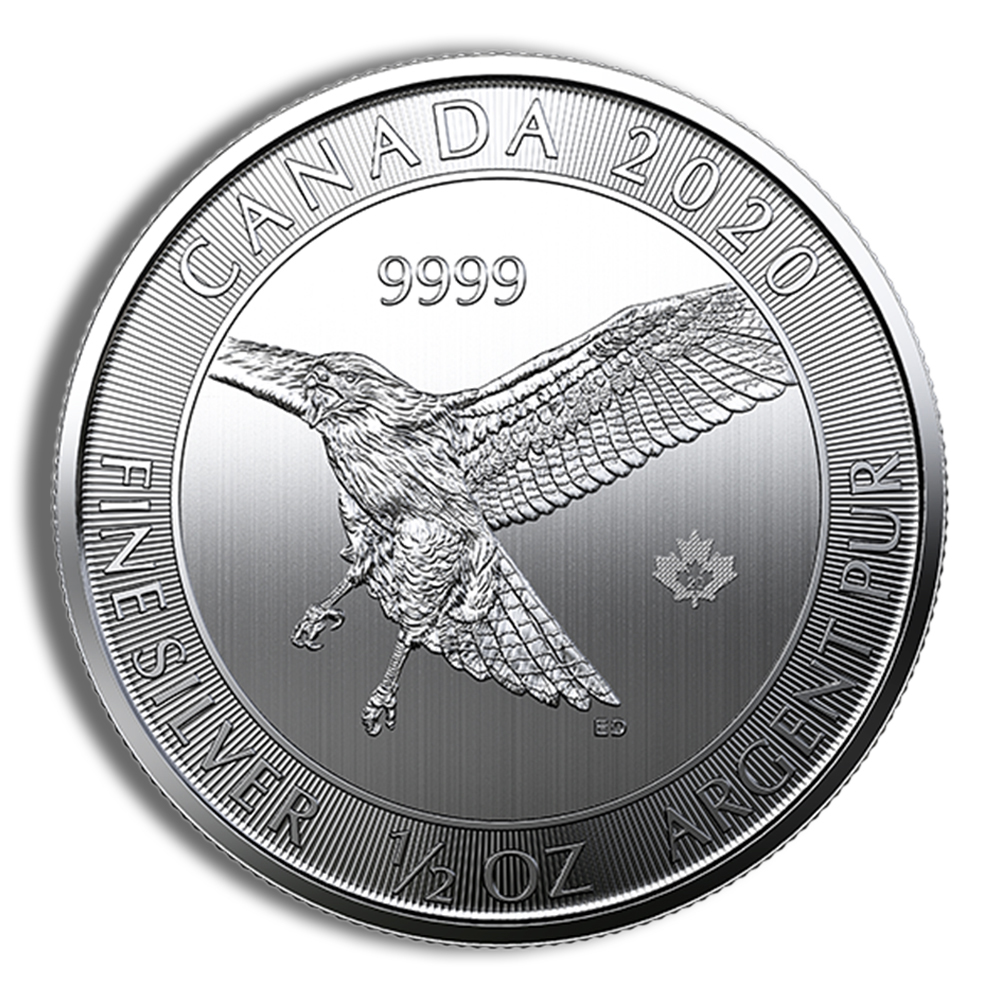 Silver coin from Canada, dated 2020, featuring a flying bird design. The coin is made of 99.99% pure silver and weighs 1/2 ounce.