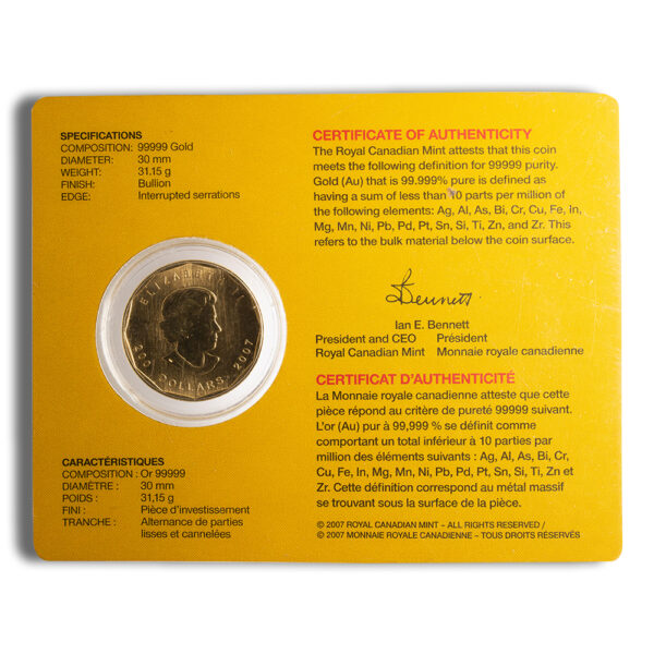 Canada 1 oz Gold Coin .99999 - Year/Design Varies (w/Assay Card) - Image 2