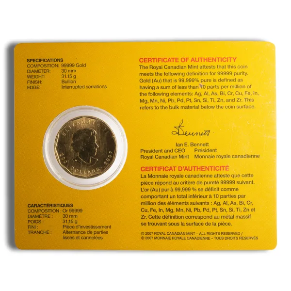 Gold coin with a certificate of authenticity from the Royal Canadian Mint, featuring the image of Queen Elizabeth II. The coin is made of 99999 purity gold, measures 30 mm in diameter, and weighs 3.15 g. The certificate details its specifications and confirms its investment-grade status.