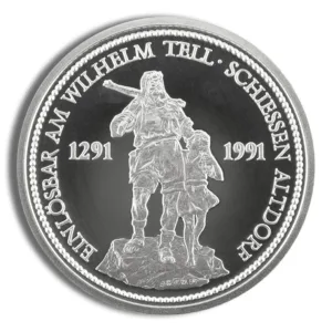 Silver commemorative coin featuring the statue of Wilhelm Tell, marked with the years 1291 and 1991, celebrating the historical significance of this Swiss folk hero and his legend.