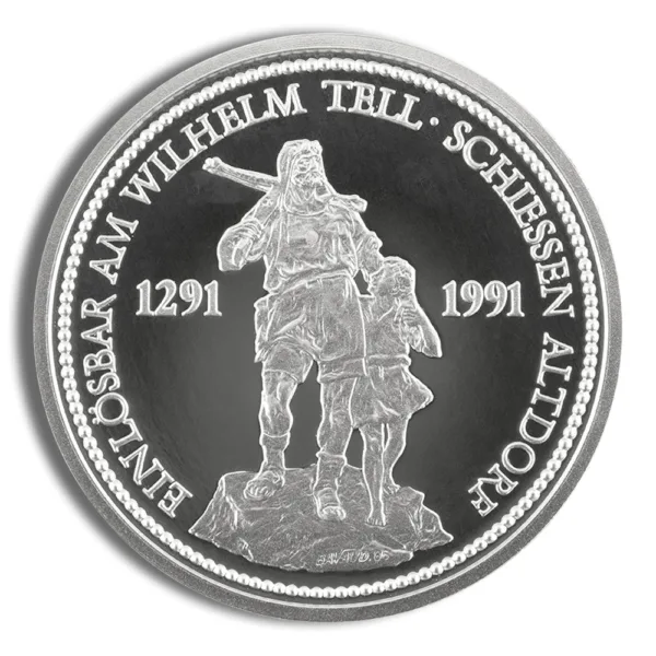 Silver commemorative coin featuring the statue of Wilhelm Tell, marked with the years 1291 and 1991, celebrating the historical significance of this Swiss folk hero and his legend.
