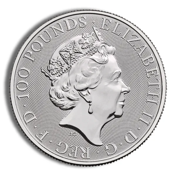 Silver coin featuring the profile of Queen Elizabeth II, with the inscription "100 Pounds Elizabeth II" around the edge, highlighting its collectible value.