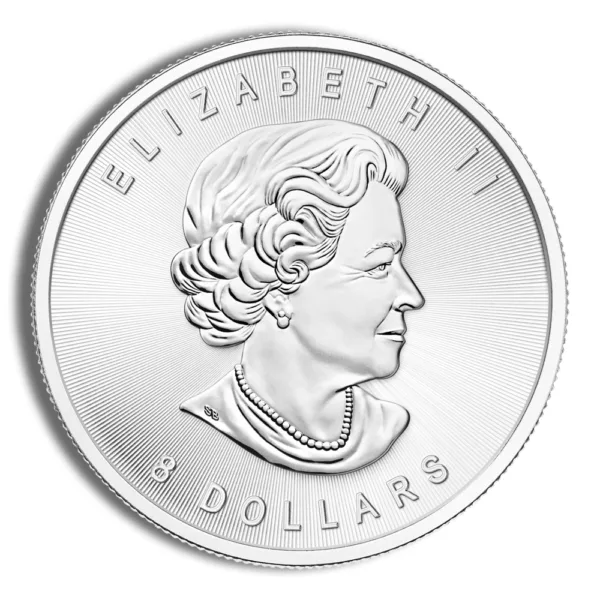 Silver coin featuring a profile of Queen Elizabeth II, inscribed with "Elizabeth II" and "8 Dollars," showcasing intricate detailing and a radiant finish.