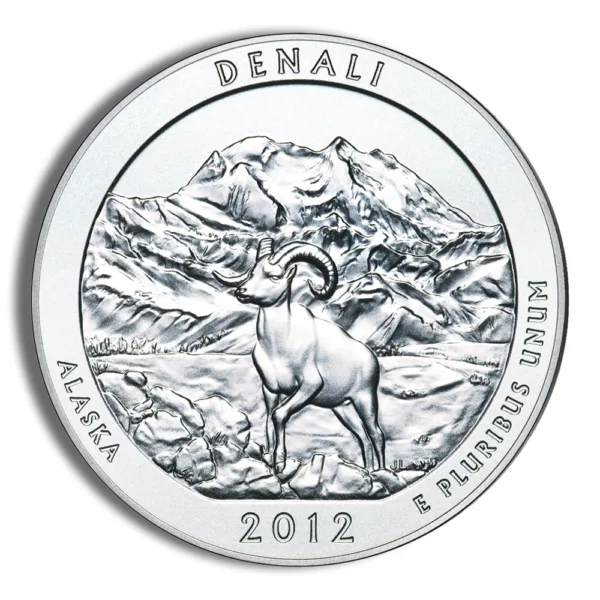 Denali National Park quarter featuring a detailed depiction of a Dall sheep standing in front of the mountainous terrain, minted in 2012, representing Alaska.