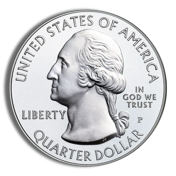Close-up of a United States quarter dollar coin featuring the profile of George Washington, with inscriptions "United States of America," "Liberty," and "In God We Trust."