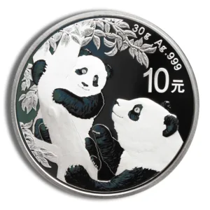 Silver panda coin featuring a mother and cub climbing a tree, with intricate detailing, weighing 30 grams and made of 99.9% pure silver, marked with 10 yuan.