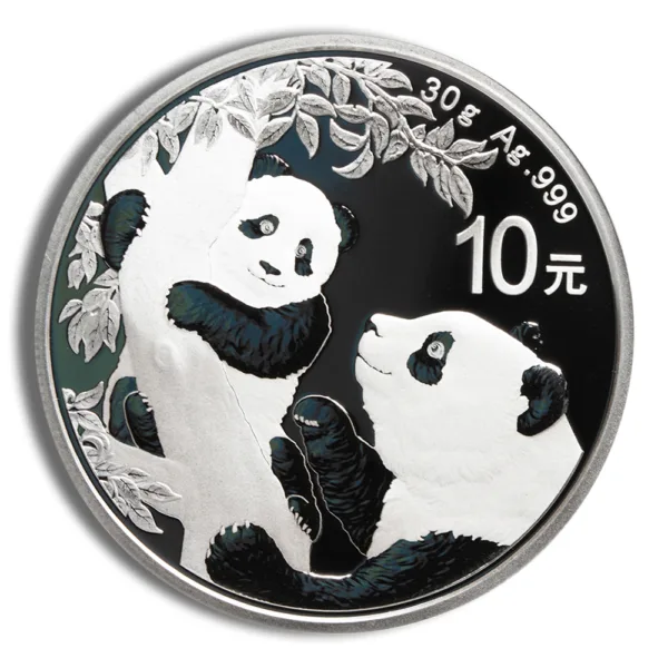 Silver panda coin featuring a mother and cub climbing a tree, with intricate detailing, weighing 30 grams and made of 99.9% pure silver, marked with 10 yuan.