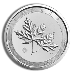 Silver Canadian coin featuring a detailed maple leaf design, symbolizing Canada's national identity and heritage.