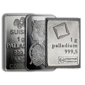 Three palladium bars stacked together, showcasing 1 gram each, with purity markings of 999 and 999.5. The bars feature intricate designs, including a profile of a woman and a square emblem, emphasizing their Swiss origin and high-quality craftsmanship. Ideal for investors and collectors of precious metals.