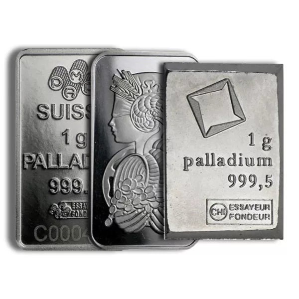 Three palladium bars stacked together, showcasing 1 gram each, with purity markings of 999 and 999.5. The bars feature intricate designs, including a profile of a woman and a square emblem, emphasizing their Swiss origin and high-quality craftsmanship. Ideal for investors and collectors of precious metals.