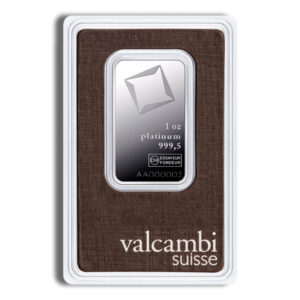 Platinum bullion bar from Valcambi Suisse, weighing 1 ounce, with a purity of 999.5, presented in an elegant protective packaging.