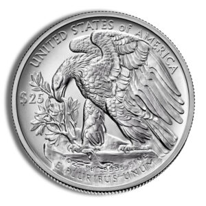 Silver coin featuring an eagle holding an olive branch, engraved with "United States of America," "$25," and "E Pluribus Unum," representing the American Silver Eagle. The coin weighs 1 ounce and is made of .999 fine silver.