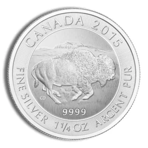 Silver coin from Canada featuring a bison, minted in 2015, with a purity of 99.99% silver and a weight of 1/4 oz.