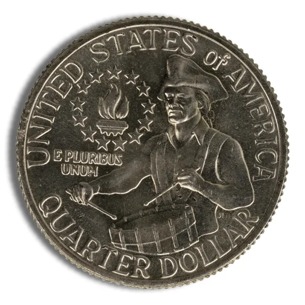 Image of a United States quarter dollar coin featuring a depiction of a historical figure in a tricorn hat, holding a musket, with the inscription "UNITED STATES OF AMERICA" and "QUARTER DOLLAR."