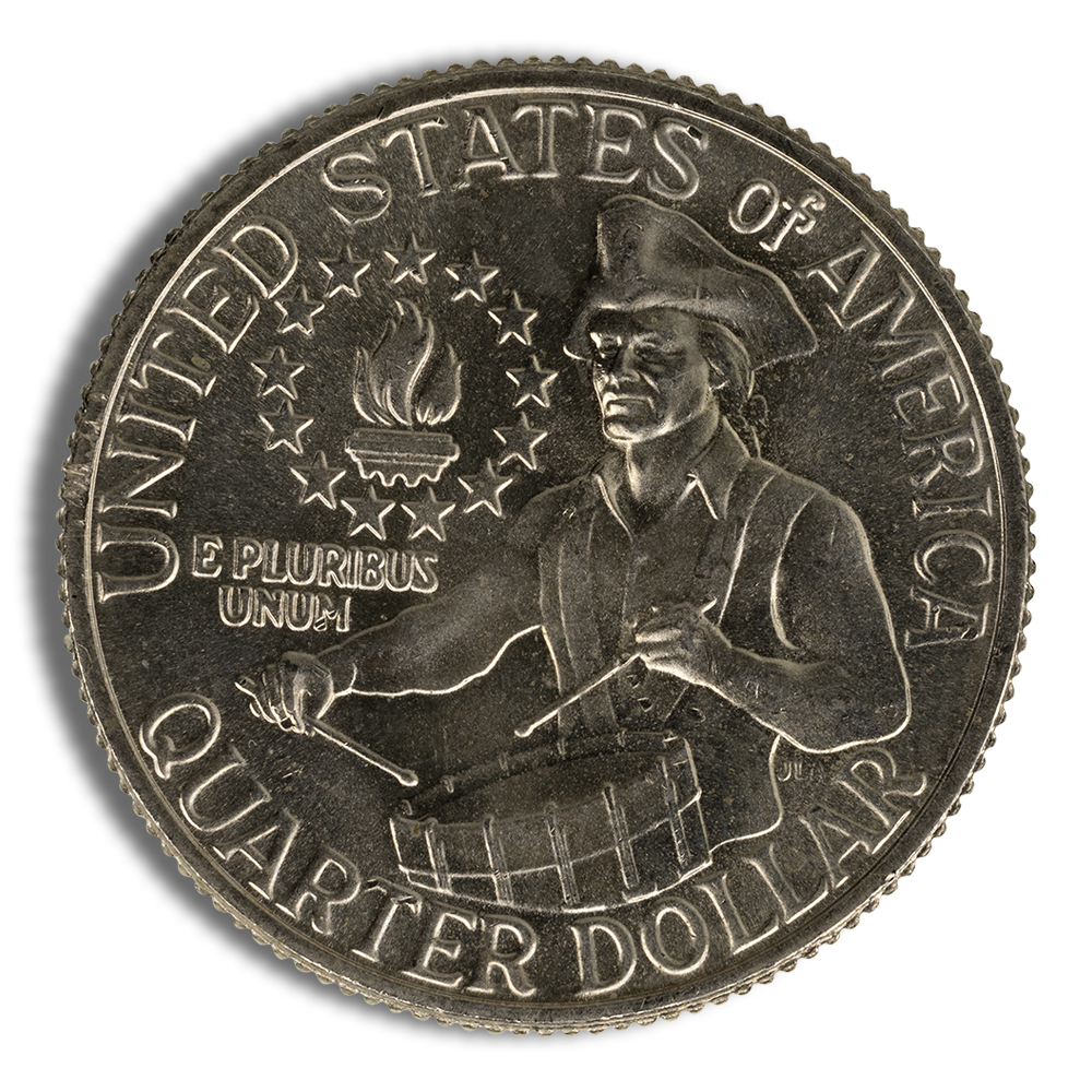 Image of a United States quarter featuring a drummer from the Revolutionary War, with the inscription "United States of America" and the phrase "E Pluribus Unum" surrounded by stars.