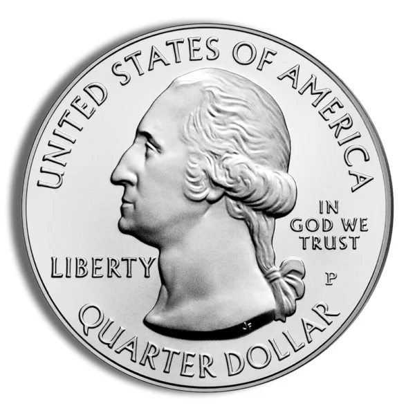 Close-up of a United States quarter dollar coin featuring a profile of George Washington, with inscriptions including "United States of America," "Liberty," and "In God We Trust." The coin is shown in a polished silver finish.