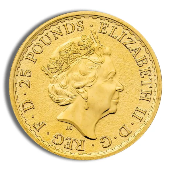 Gold coin featuring a profile of Queen Elizabeth II, inscribed with "25 Pounds" and "Reg. F.D." representing British currency.