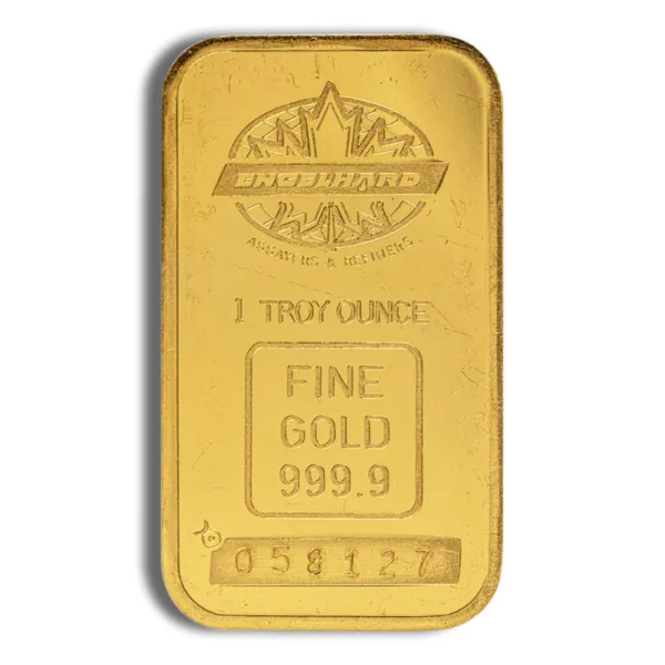 Gold bullion bar weighing one troy ounce, marked with "Fine Gold 999.9" purity, featuring a brand logo. Ideal for investment and precious metal collection.