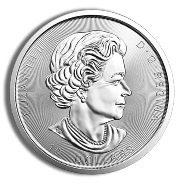 Silver coin featuring the profile of Queen Elizabeth II, inscribed with "ELIZABETH II D.G. REGINA" and "5 DOLLARS."