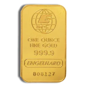 Gold bullion bar featuring the inscription "One Ounce Fine Gold 999.9" and the Engelhard logo, symbolizing high-quality investment in precious metals.