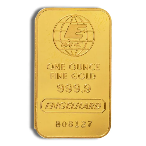Gold bullion bar featuring the inscription "One Ounce Fine Gold 999.9" and the Engelhard logo, symbolizing high-quality investment in precious metals.