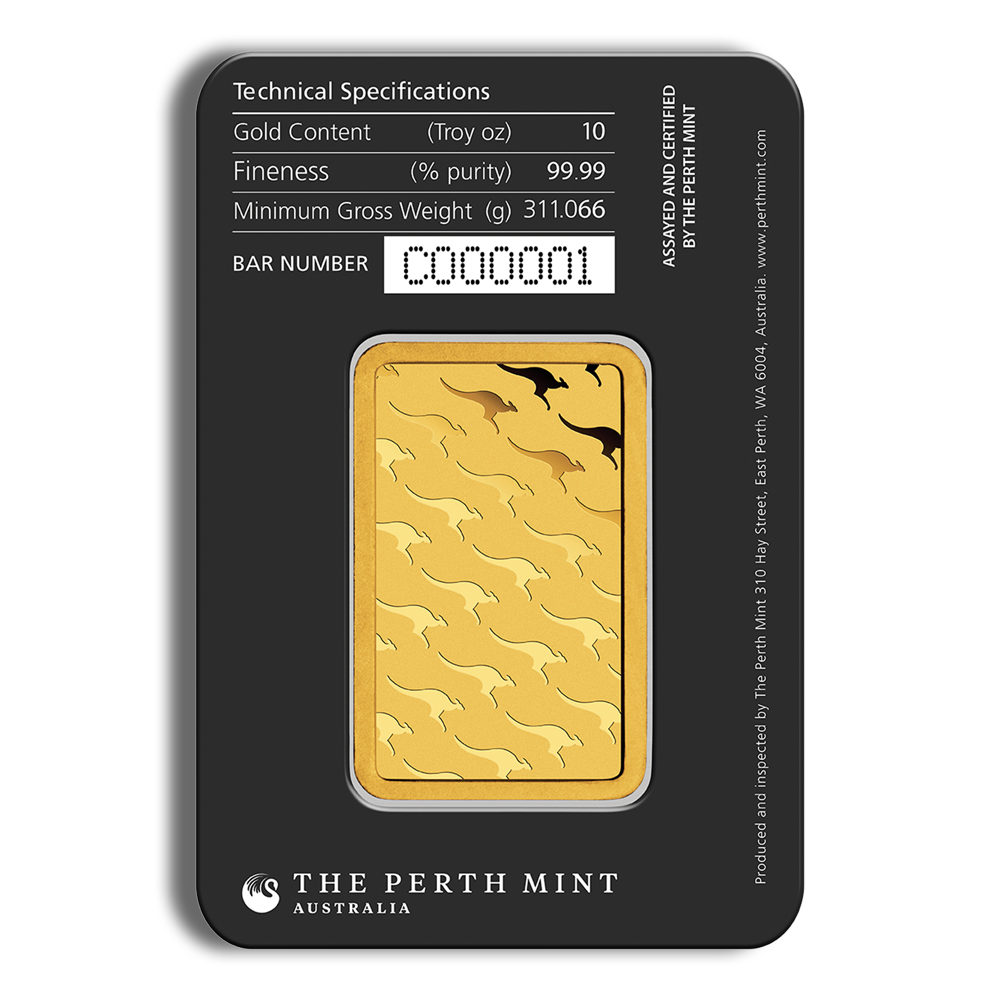 10-ounce gold bar from The Perth Mint, featuring a design with kangaroos, certified with 99.99% purity and a minimum gross weight of 311.066 grams. Bar number C000001.