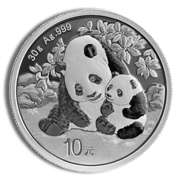 Silver coin featuring a detailed design of a mother panda and her cub, surrounded by bamboo leaves, with a denomination of 10 yuan and purity of 30g Ag .999.