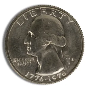 A close-up of a 1976 United States quarter, featuring a profile of George Washington with the inscription "LIBERTY," and the dates "1776-1976" commemorating the bicentennial.