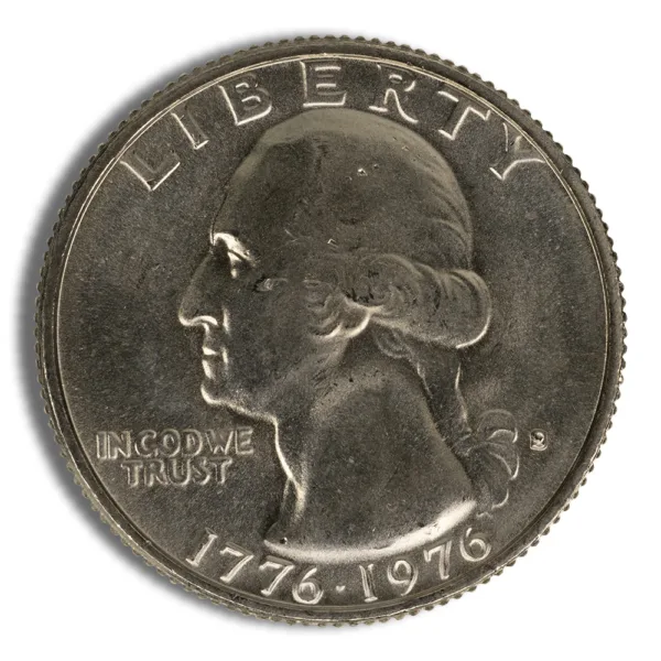 A close-up of a 1976 United States quarter, featuring a profile of George Washington with the inscription "LIBERTY," and the dates "1776-1976" commemorating the bicentennial.