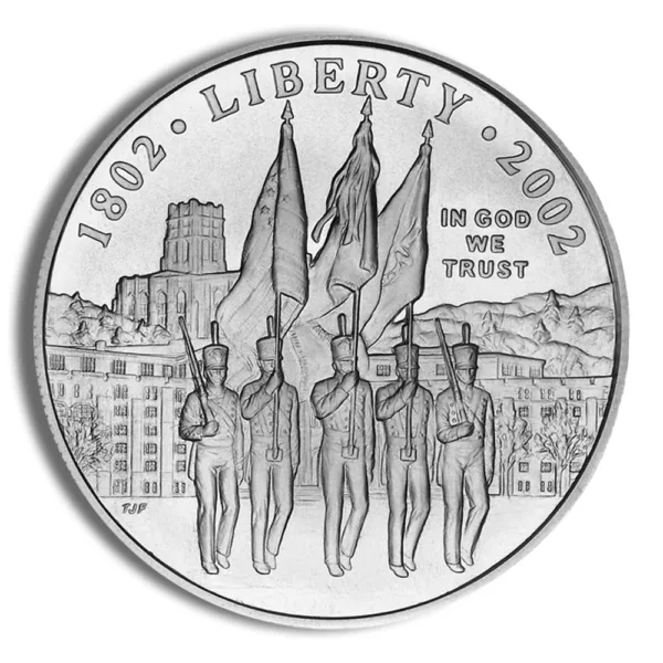 Commemorative coin featuring the year 1802 and 2002, depicting five soldiers holding flags with a mountain backdrop, inscribed with "In God We Trust" and "Liberty."