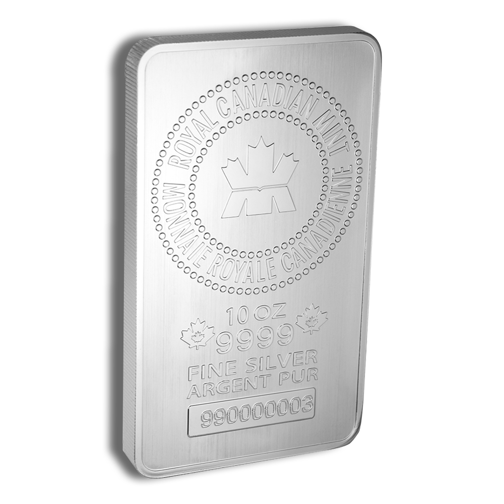 10 oz Canadian silver bullion bar featuring a purity of 9999, engraved with the Royal Canadian Mint logo and the inscription "Fine Silver Argent Pur." Ideal for collectors and investors in precious metals.