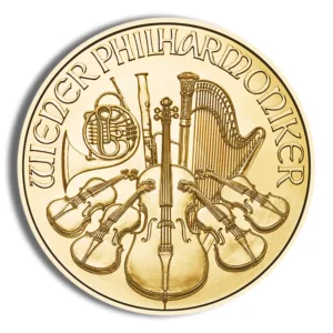 Gold coin featuring the Vienna Philharmonic logo, adorned with musical instruments including a violin, harp, and horn, symbolizing classical music heritage.