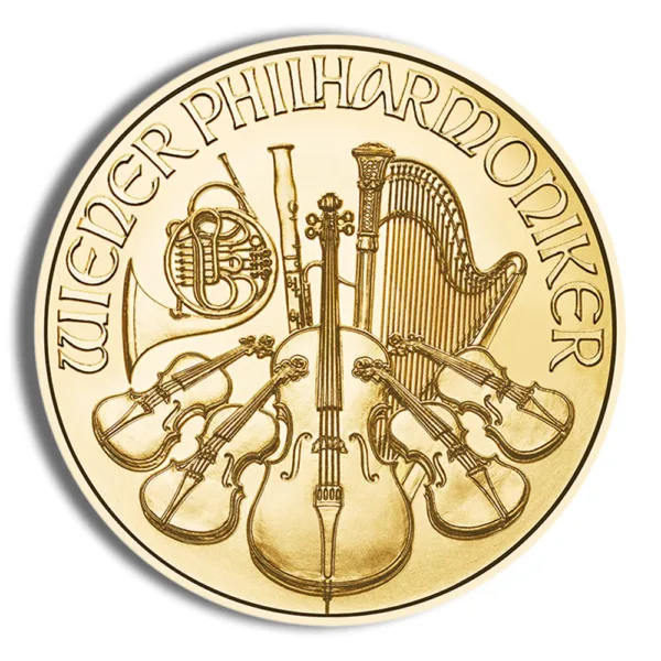 Gold coin featuring the Vienna Philharmonic logo, adorned with musical instruments including a violin, harp, and horn, symbolizing classical music heritage.