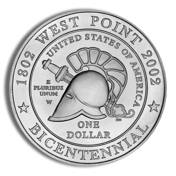 Bicentennial commemorative coin featuring the West Point insignia, minted in 2002, depicting a helmet and the text "United States of America" and "One Dollar."