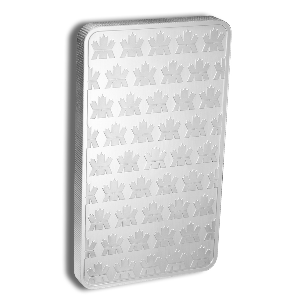 Silver aluminum bar with a repeating maple leaf design, showcasing a sleek and polished surface, ideal for collectors and investors.
