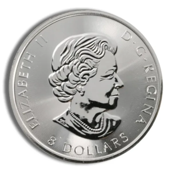 Silver coin featuring a profile of Queen Elizabeth II, inscribed with "D.G. Regina" and "8 Dollars."