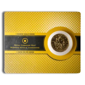 1 ounce gold coin from the Royal Canadian Mint, featuring a maple leaf design, presented in a protective capsule with a gold and black background, emphasizing its 99999 purity.