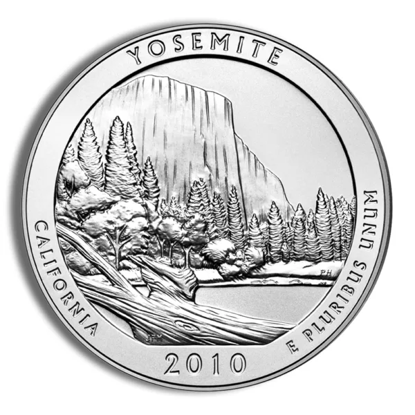 Yosemite National Park commemorative coin featuring El Capitan and scenic landscape, minted in 2010, showcasing California's natural beauty.