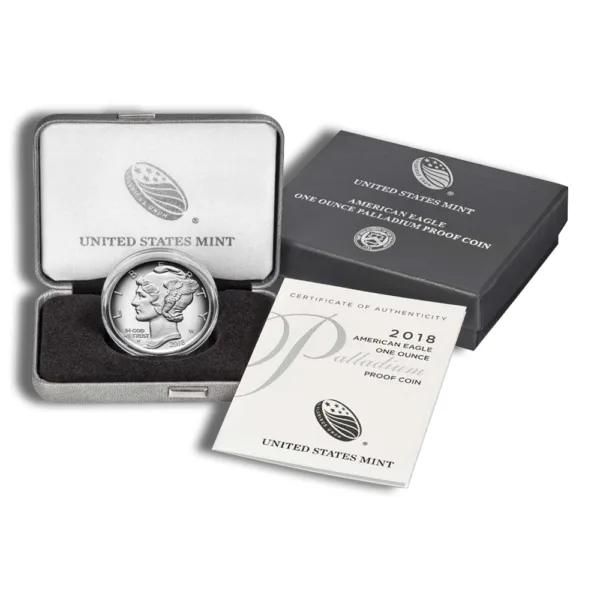 2018 American Eagle one ounce palladium proof coin in a presentation case with a certificate of authenticity from the United States Mint.
