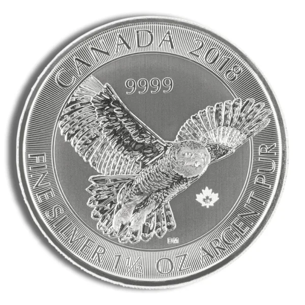 Canadian 2018 silver coin featuring a detailed design of a soaring owl, made from 99.99% pure silver, weighing 1.5 ounces, with inscriptions including "Canada" and "Fine Silver."