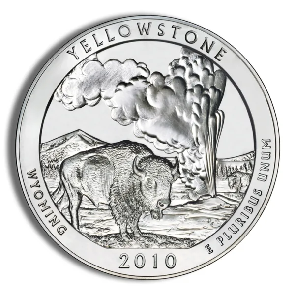 2010 Yellowstone National Park quarter featuring a bison and Old Faithful geyser, showcasing America's natural heritage and commemorative coin design.