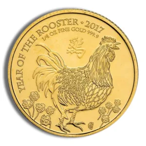 Gold coin commemorating the Year of the Rooster, 2017, featuring an intricately designed rooster and floral patterns, made of 1/4 oz fine gold with a purity of 999.9.