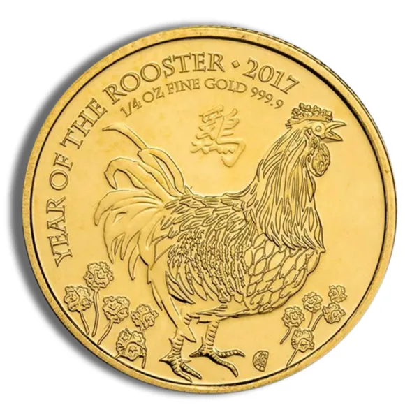 Gold coin commemorating the Year of the Rooster, 2017, featuring an intricately designed rooster and floral patterns, made of 1/4 oz fine gold with a purity of 999.9.