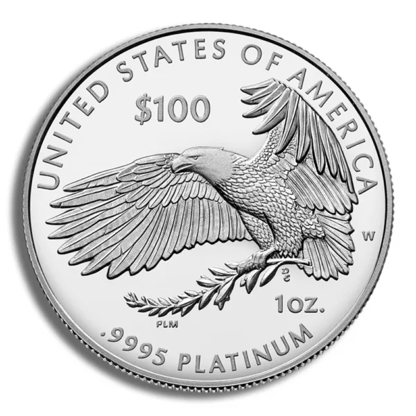 Platinum American Eagle coin featuring an eagle in flight, marked with "$100," "1 oz," and ".9995 Platinum," symbolizing American currency and precious metal investment.