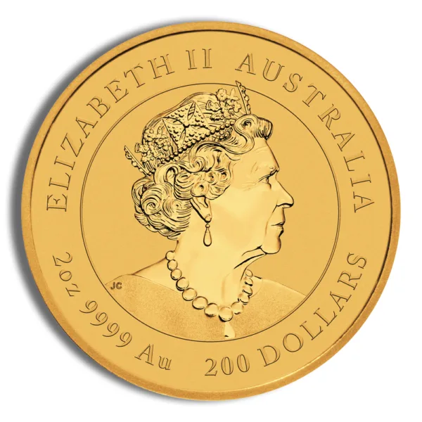 Gold coin featuring a profile of Queen Elizabeth II, inscribed with "Elizabeth II Australia" and "200 Dollars," made of 2 oz of 9999 fine gold.